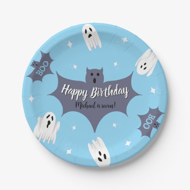 Cute Blue Halloween Birthday Party Paper Plates (Front)
