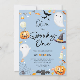 Cute Blue Halloween Ghost 1st Boy Birthday Invitation