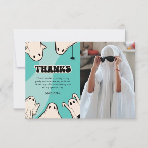 Cute Blue Halloween Photo Birthday Thank You Card