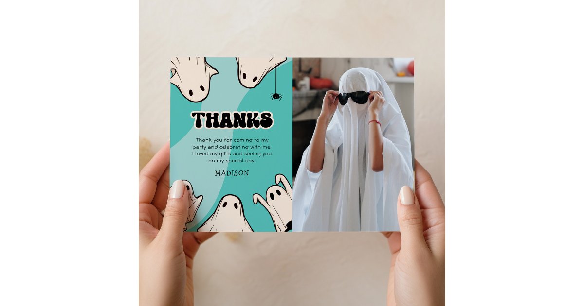 Cute Blue Halloween Photo Birthday Thank You Card | Zazzle