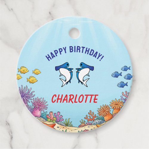 Cute Blue Hammerhead Shark Kids Birthday Favor Tags