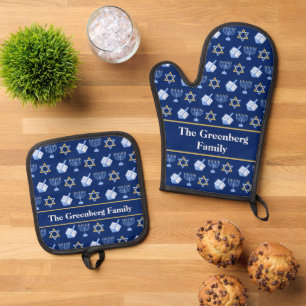 Cute Blue Hanukkah Pattern Personalized Oven Mitt & Pot Holder Set