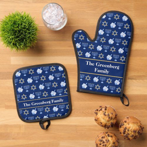 Cute Blue Hanukkah Pattern Personalized Oven Mitt  Pot Holder Set