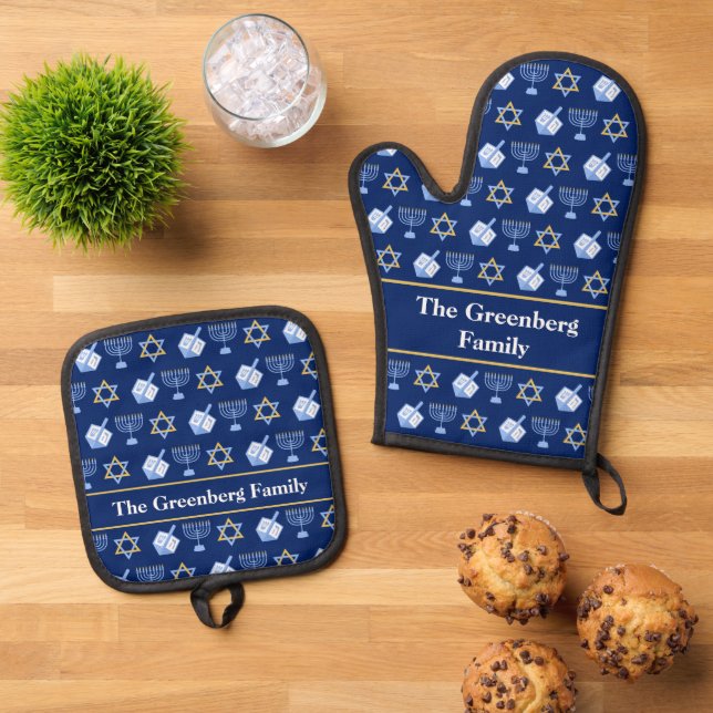 Cute Blue Hanukkah Pattern Personalized Oven Mitt & Pot Holder Set (Top Down)