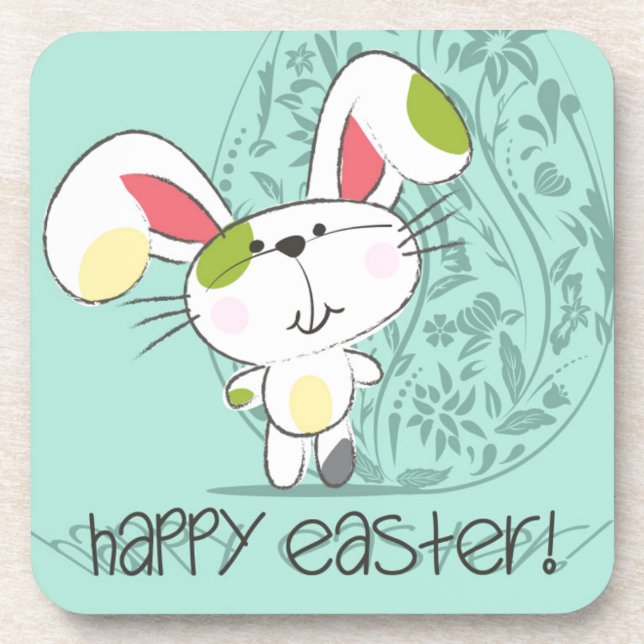 Cute Blue Happy Easter cartoon bunny Drink Coaster (Front)