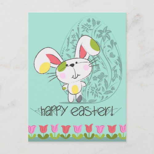 Cute Blue Happy Easter cartoon bunny Holiday Postcard