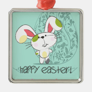 Cute Blue Happy Easter cartoon bunny Metal Ornament