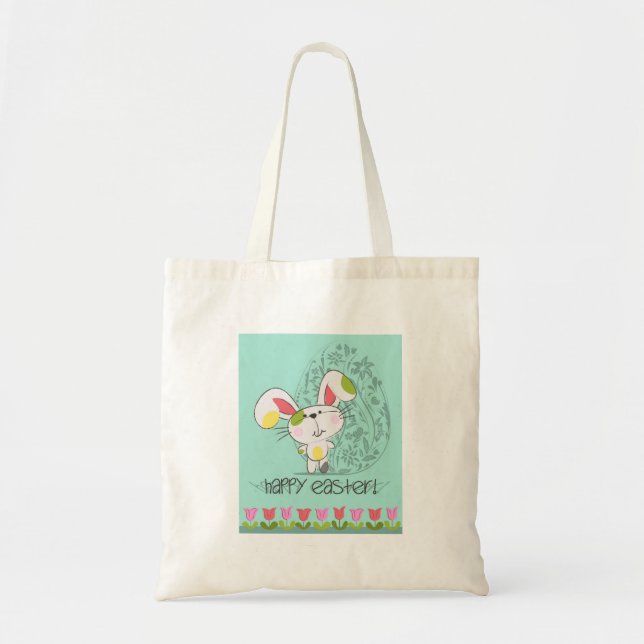 Cute Blue Happy Easter cartoon bunny Tote Bag (Front)