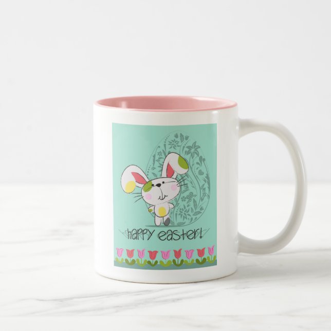 Cute Blue Happy Easter cartoon bunny Two-Tone Coffee Mug (Right)