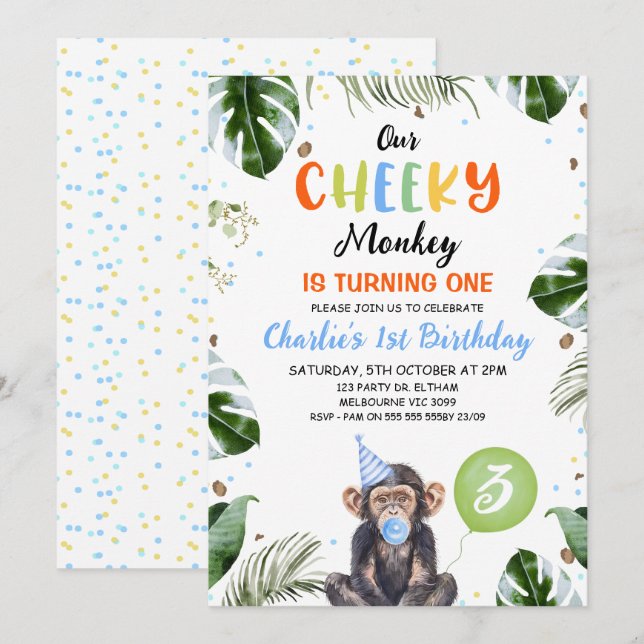 Cute Blue Hat Our Cheeky Monkey 1st Birthday Invitation (Front/Back)