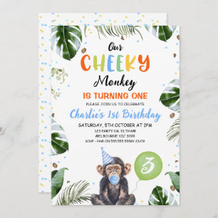 Cute Blue Hat Our Cheeky Monkey 1st Birthday Invitation