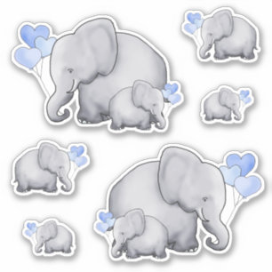 Cute Blue Heart Balloons Baby Elephants Sticker