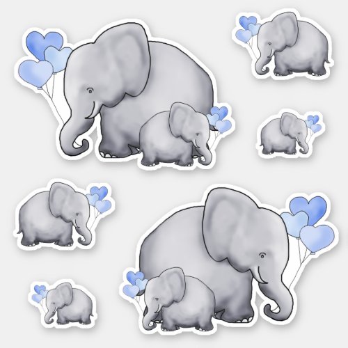 Cute Blue Heart Balloons Baby Elephants Sticker