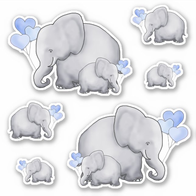 Cute Blue Heart Balloons Baby Elephants Sticker (Front)