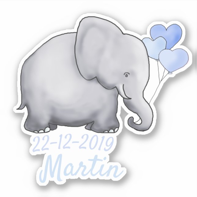 Cute Blue Heart Balloons Baby Shower Boy Elephants Sticker (Front)