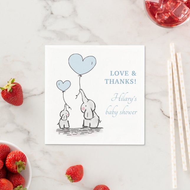 Cute Blue Heart Balloons Boy Elephant Baby Shower Napkins (Insitu)