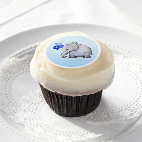 Cute Blue Heart Balloons Elephant Baby Boy Shower Edible Frosting Rounds