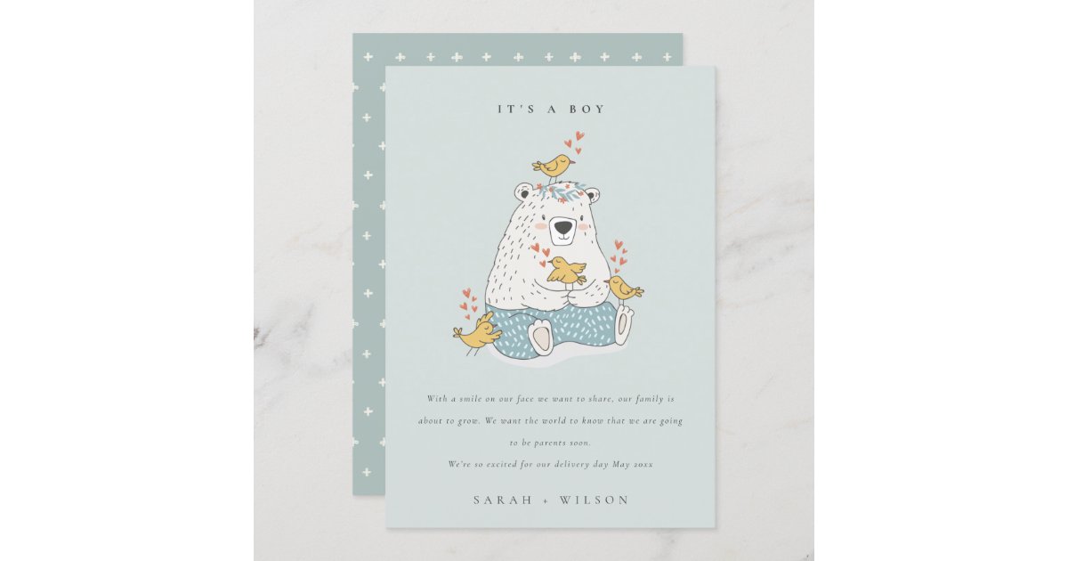 Cute Blue Heart Bear Birds Baby Announcement