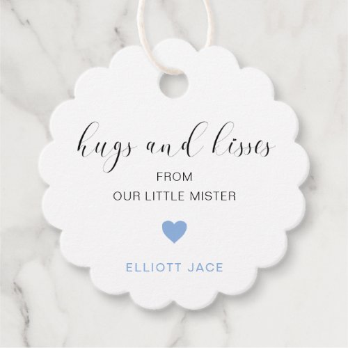 Cute Blue Heart Boy Hugs and Kisses Baby Shower Favor Tags