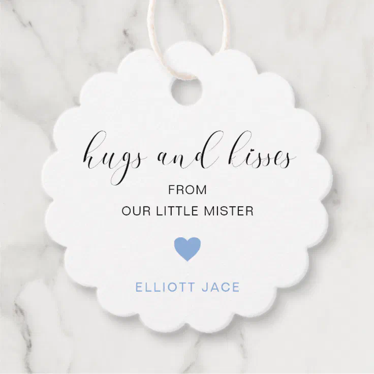Cute Blue Heart Boy Hugs and Kisses Baby Shower Favor Tags | Zazzle