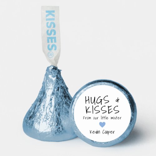 Cute Blue Heart Boy Hugs and Kisses Baby Shower Hersheys Kisses