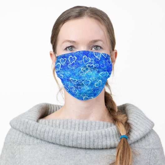 Cute Blue Heart Pattern Adult Cloth Face Mask (Worn)