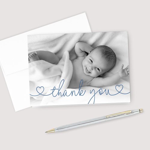 Cute Blue Heart Script Custom Baby Boy Photo Thank You Card