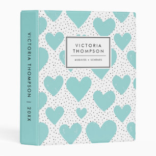 Cute Blue Hearts and Black Confetti Pattern Mini Binder