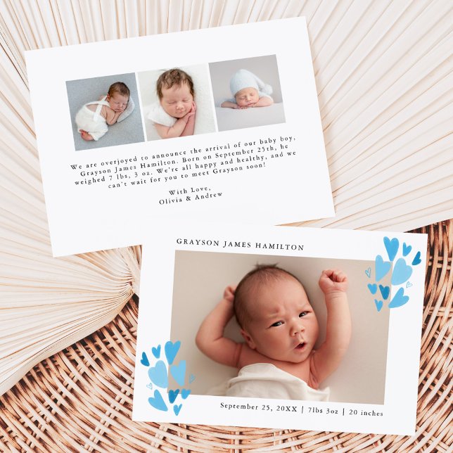 Cute Blue Hearts Photo Birth Announcement (Creator Uploaded)