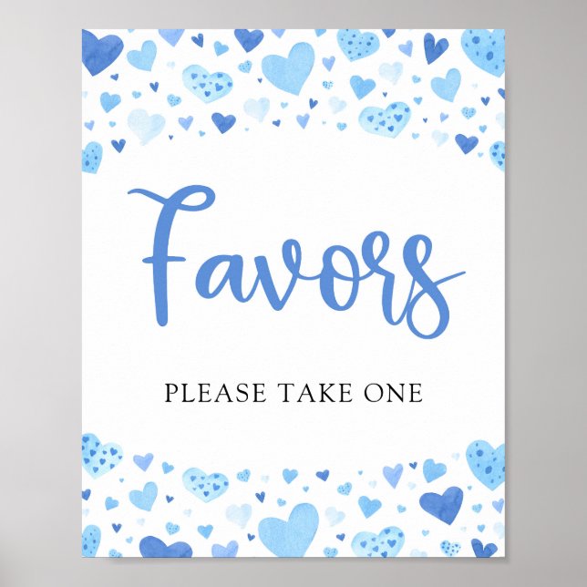 Cute Blue Hearts Valentine Baby Shower Favors Sign (Front)