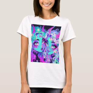 Cute Blue Horned Alien Twins Anime Girls T-Shirt