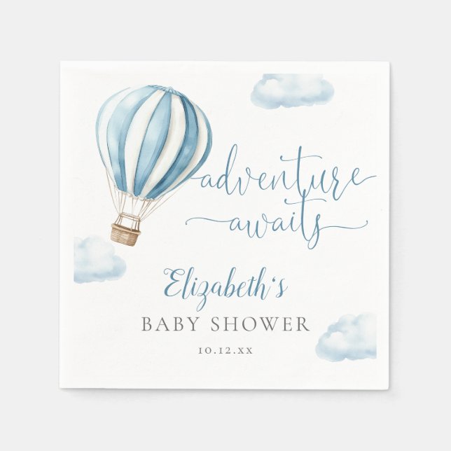 Cute Blue Hot Air Balloon Boy Baby Shower Napkins (Front)