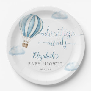 Cute Blue Hot Air Balloon Boy Baby Shower Paper Plates