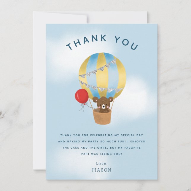 Cute Blue Hot Air Balloon Kids Birthday Thank You Card (Front)