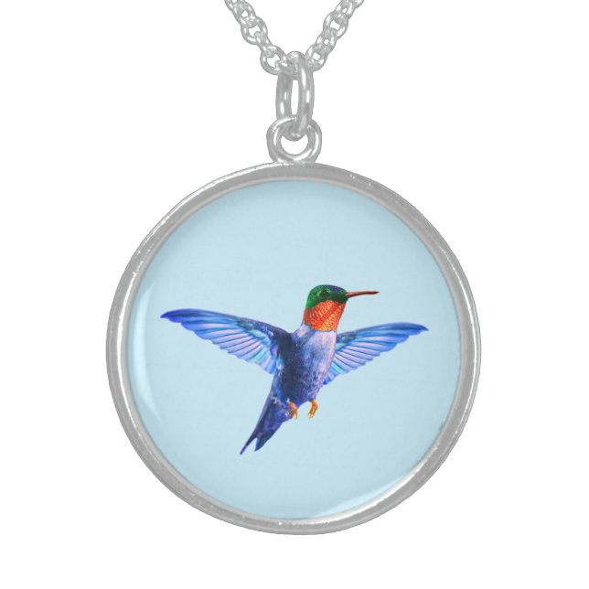 Cute blue hummingbird on light blue sterling silver necklace (Front)