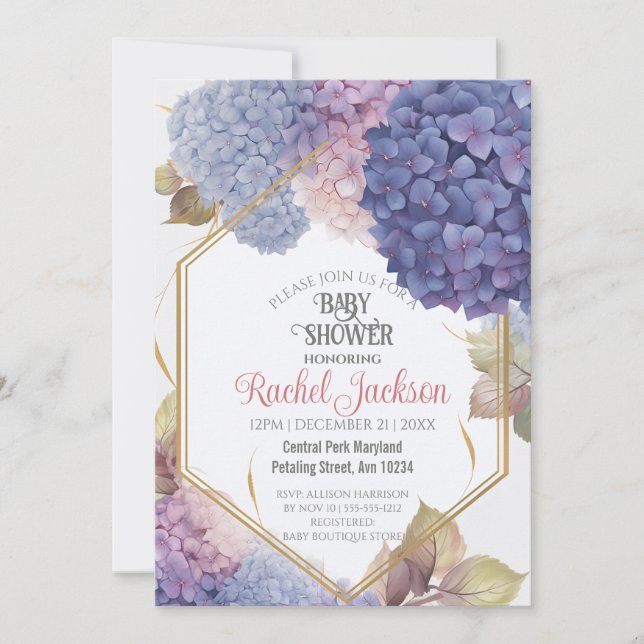 Cute Blue Hydrangea Blooms Baby Shower Gold Frame Invitation (Front)