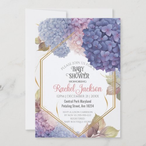 Cute Blue Hydrangea Blooms Baby Shower Gold Frame Invitation