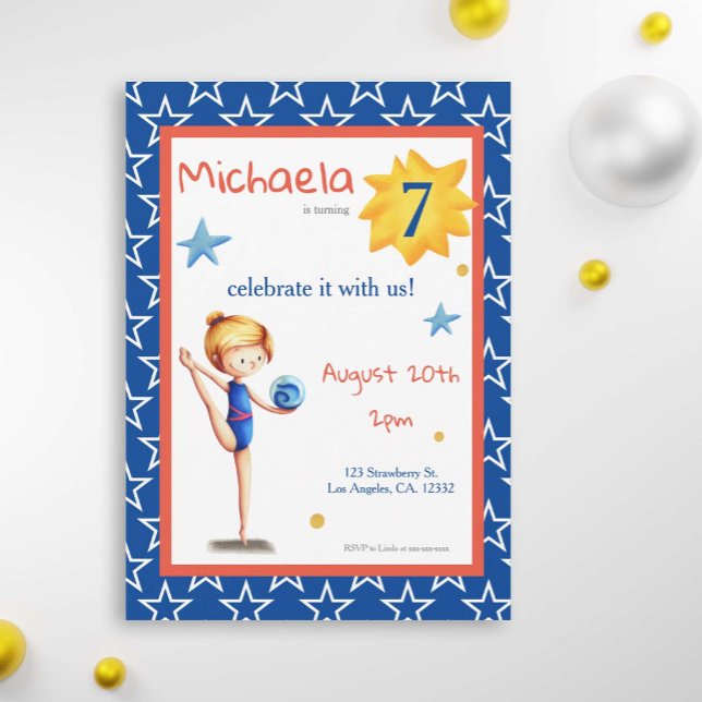 Cute blue illustrated rhythmic gymnastics girl invitation (Creator Uploaded)