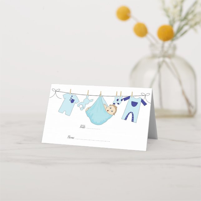 Cute Blue illustration Baby Shower Place Card (Front)