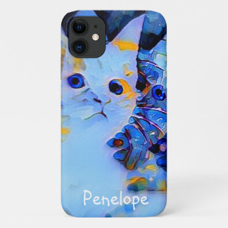 Cute Blue Impressionist Kitten Art with Your Name iPhone 11 Case