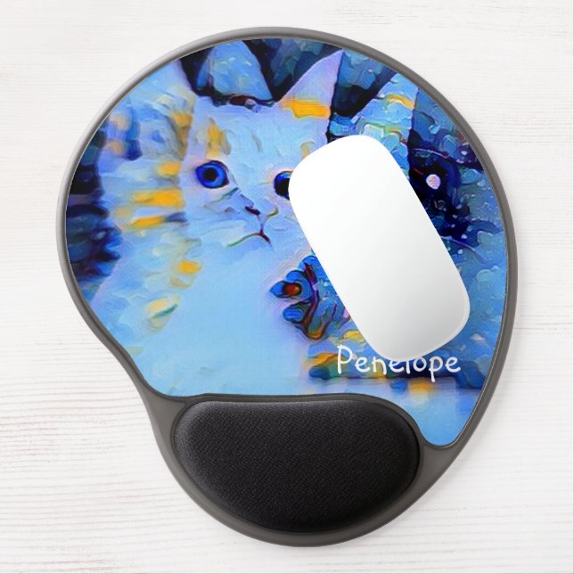 Cute Blue Impressionist Kitten Art with Your Name  Gel Mouse Pad (Left Side)