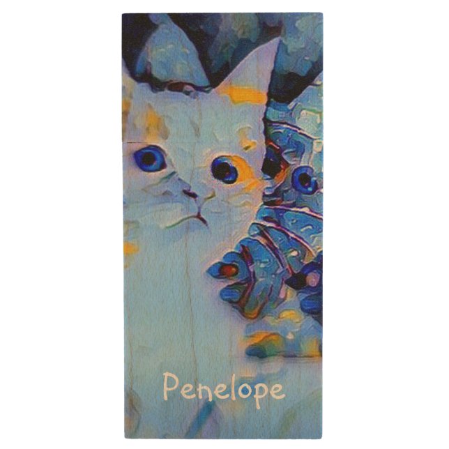 Cute Blue Impressionist Kitten Art with Your Name  Wood Flash Drive (Front Vertical)