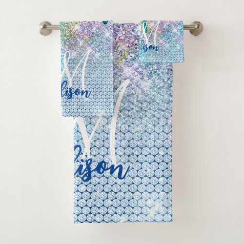 Cute blue iridescent unicorn faux glitter monogram bath towel set