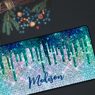 Cute blue iridescent unicorn faux glitter monogram desk mat