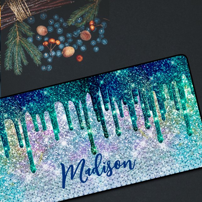 Cute blue iridescent unicorn faux glitter monogram desk mat (Creator Uploaded)