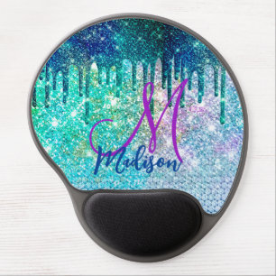 Cute blue iridescent unicorn faux glitter monogram gel mouse pad