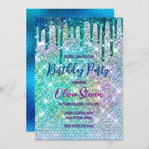 Cute blue iridescent unicorn faux glitter monogram invitation