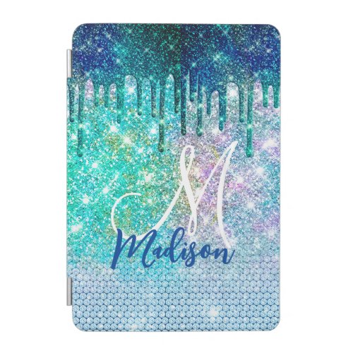 Cute blue iridescent unicorn faux glitter monogram iPad mini cover