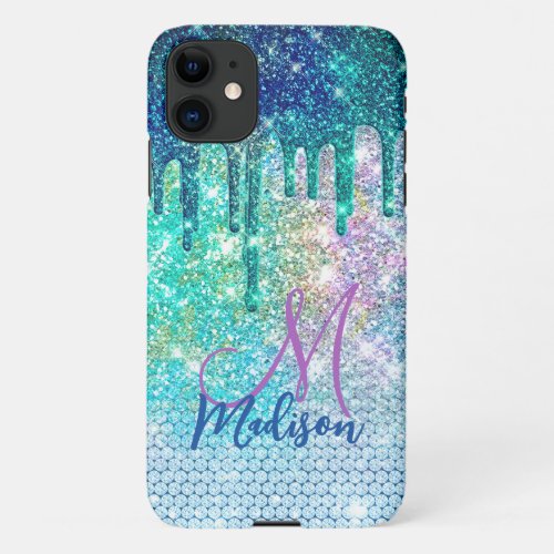 Cute blue iridescent unicorn faux glitter monogram iPhone 11 case