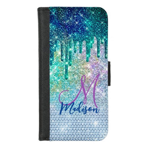 Cute blue iridescent unicorn faux glitter monogram iPhone 87 wallet case